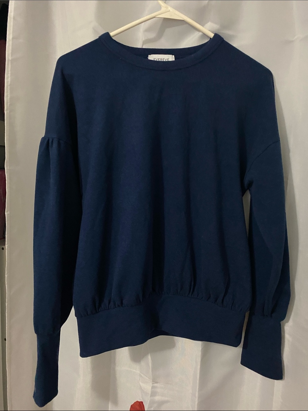Evereve Navy Blue Puff-Sleeve Crewneck Super Soft Sweatshirt With Button Cuff